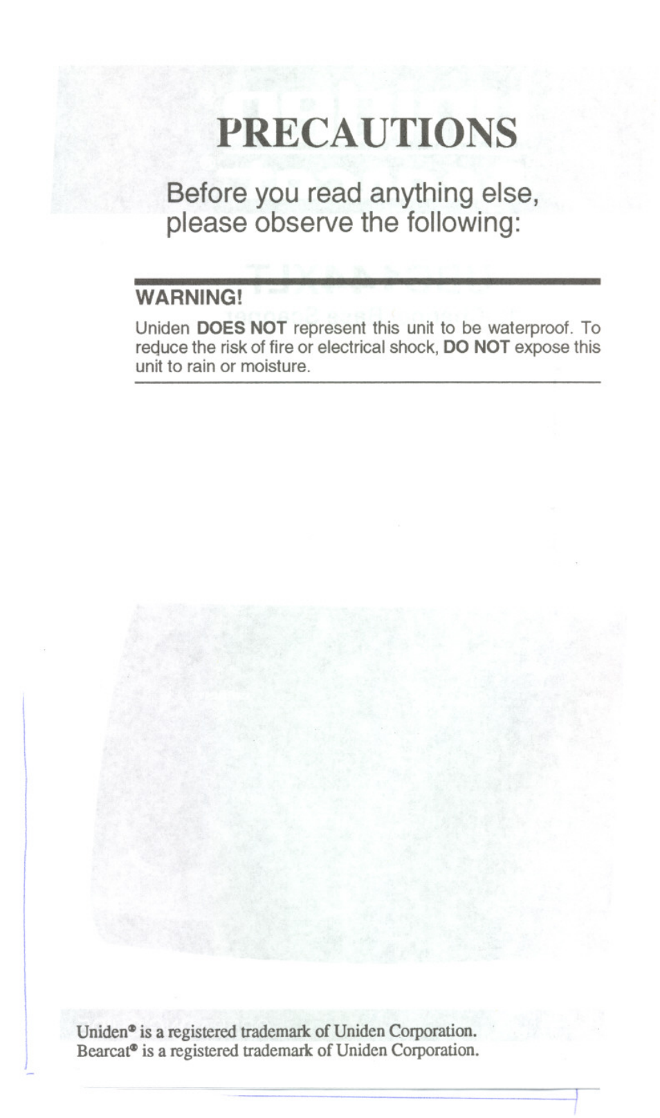 Precautions | Uniden UBC144XLT User Manual | Page 2 / 20