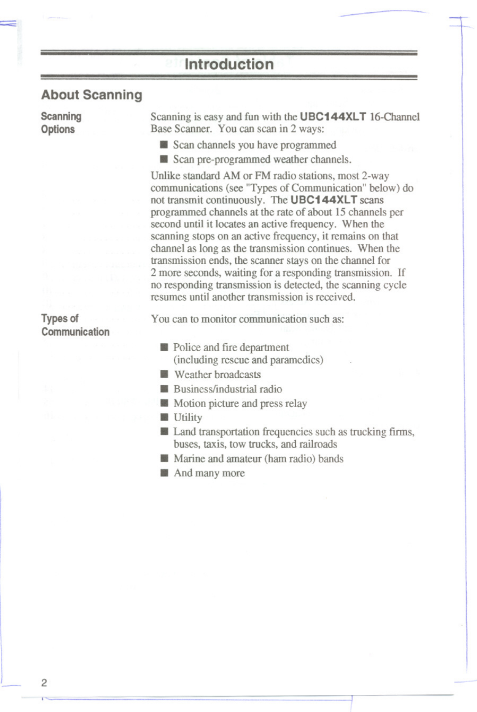 Introduction, Introduction about scanning | Uniden UBC144XLT User Manual | Page 4 / 20