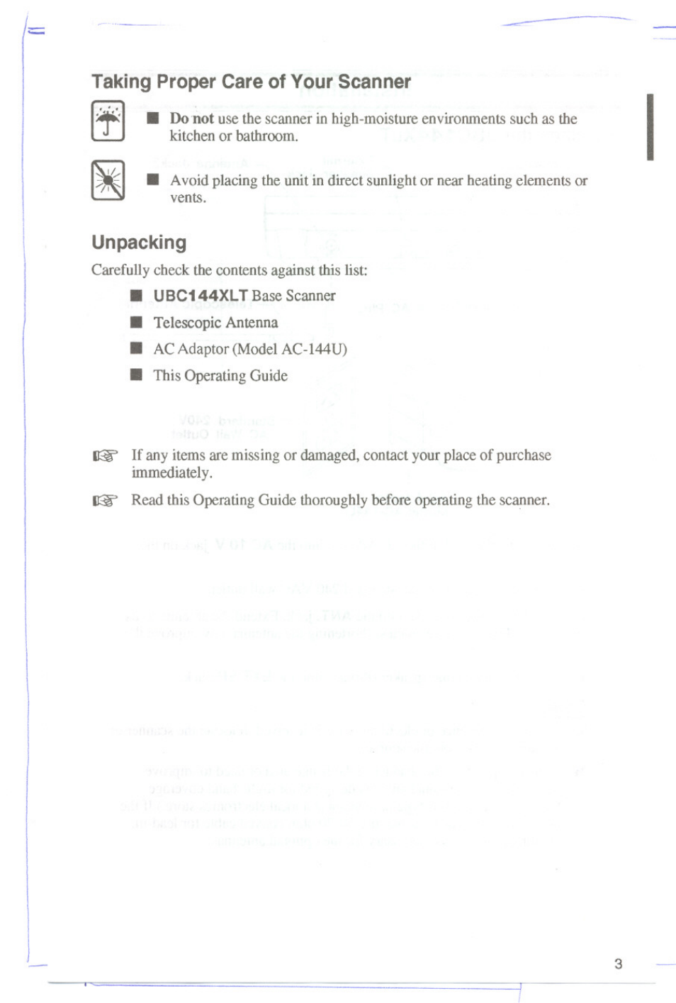 Taking proper care of your scanner, Unp>acking | Uniden UBC144XLT User Manual | Page 5 / 20