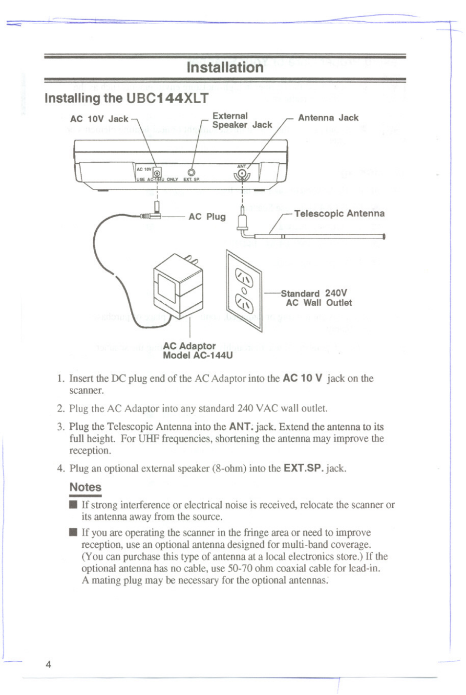 Installation, Installing the ubc144xlt, Notes | Installing the, Ubc144xlt, Installation installing the ubc144xlt | Uniden UBC144XLT User Manual | Page 6 / 20