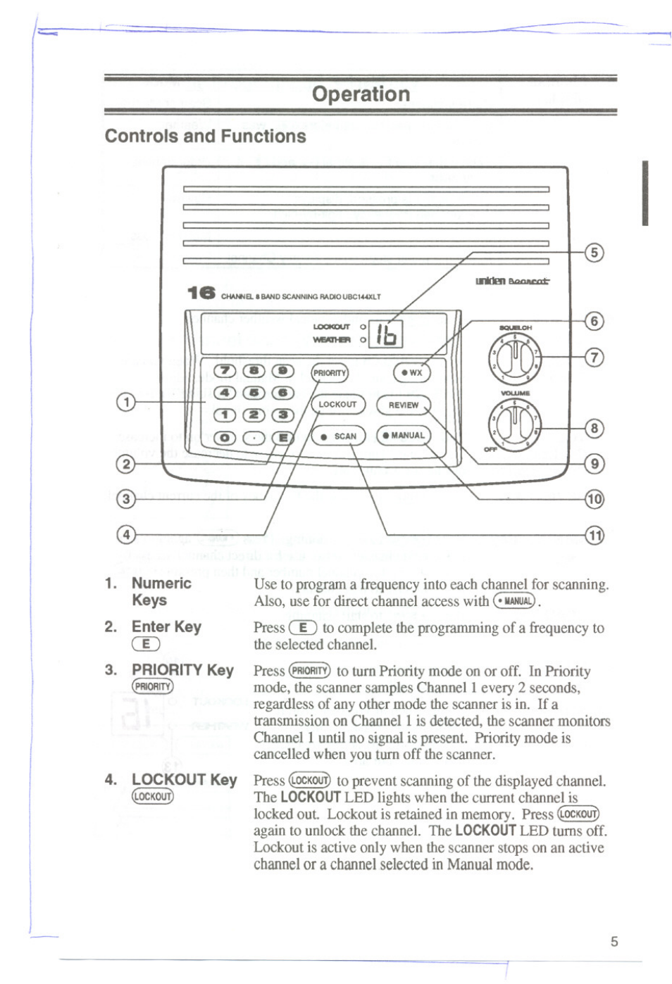 Operation, Controls and functions, Numeric | Priority key, Lockout key, Operation controls and functions, Numeric keys enter key | Uniden UBC144XLT User Manual | Page 7 / 20