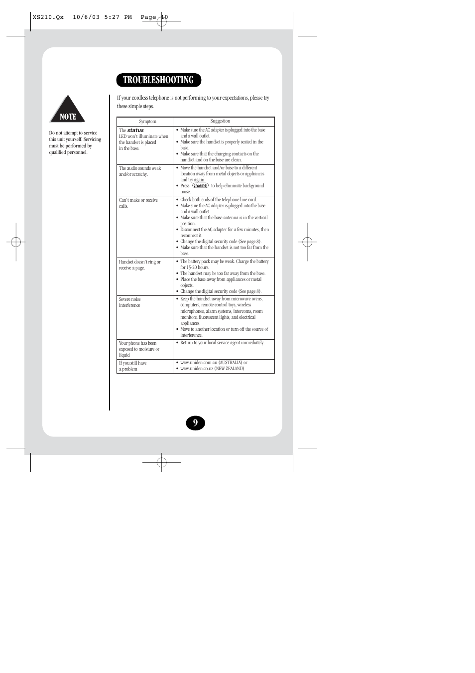 Troubleshooting | Uniden XS210 User Manual | Page 10 / 12