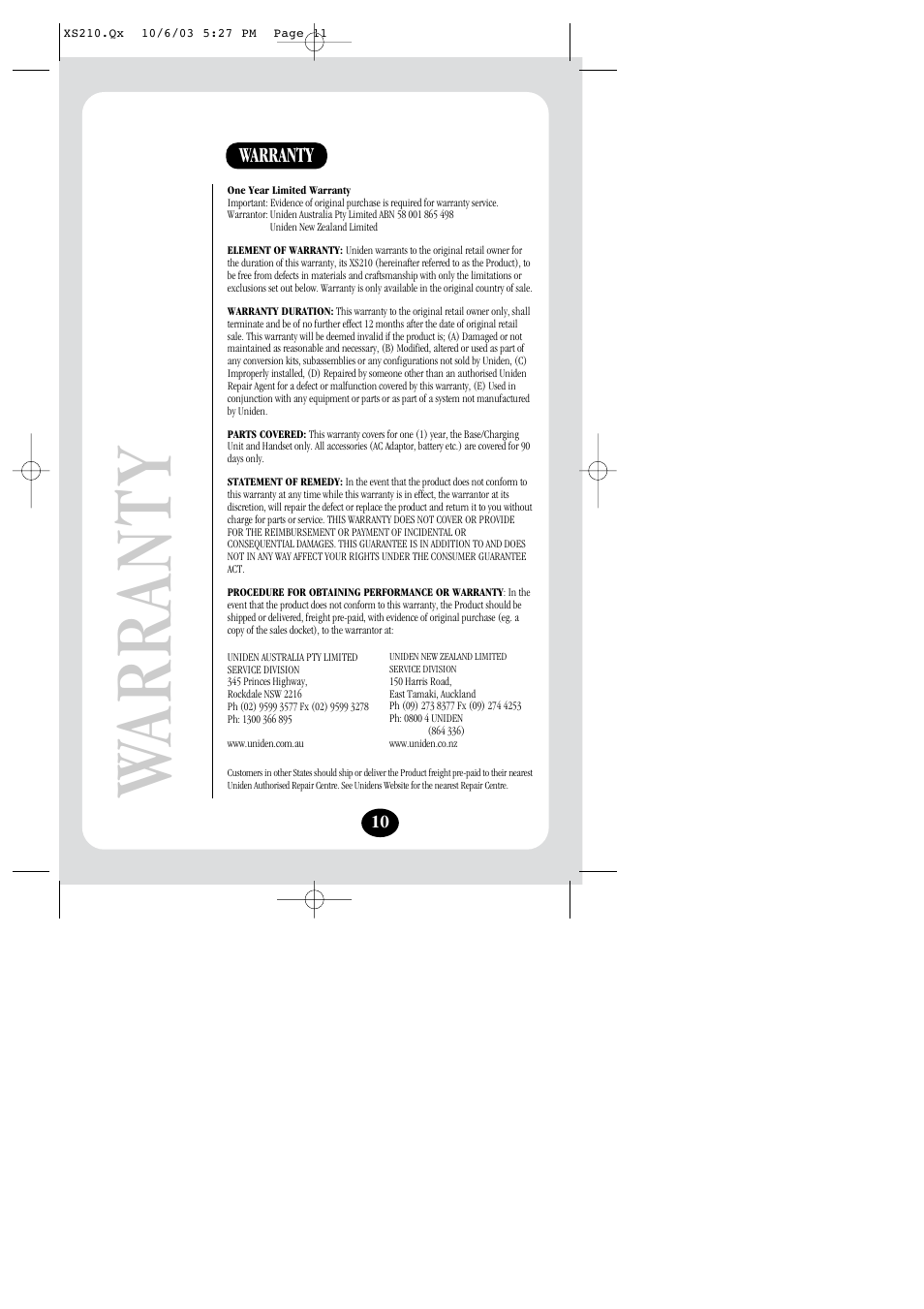 Warranty | Uniden XS210 User Manual | Page 11 / 12