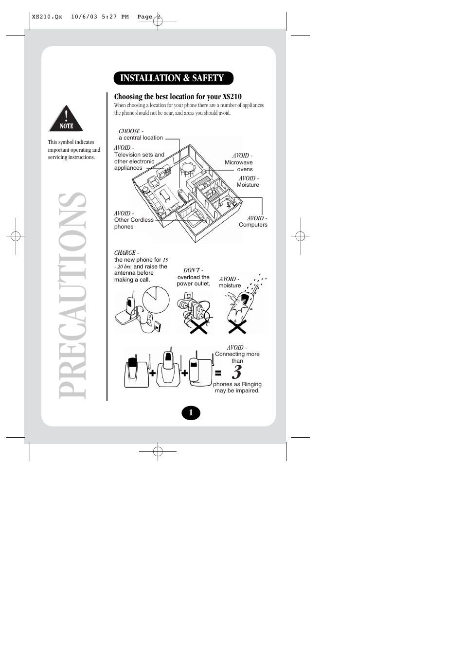 Precautions, Installation & safety | Uniden XS210 User Manual | Page 2 / 12