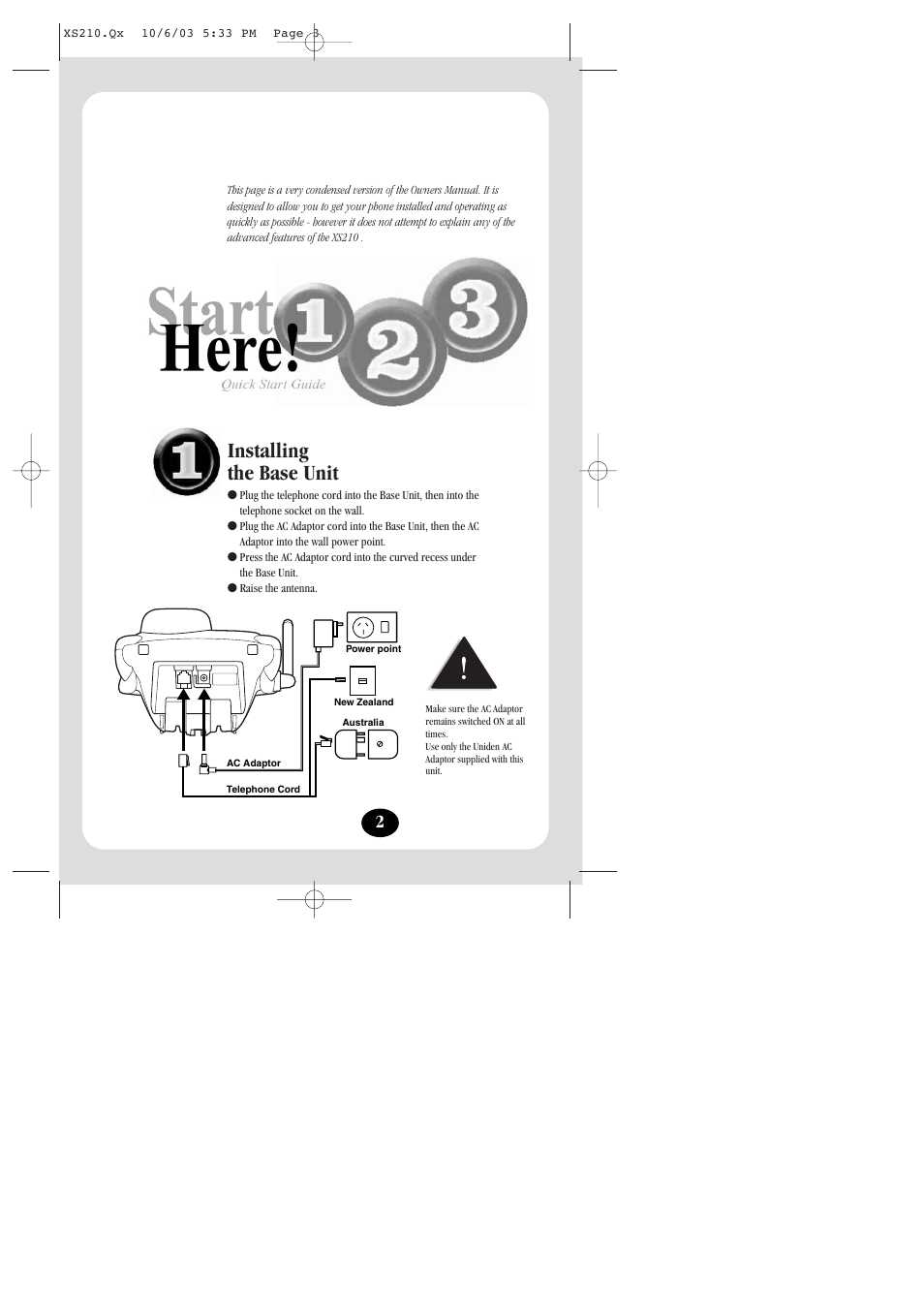 Installing the base unit | Uniden XS210 User Manual | Page 3 / 12