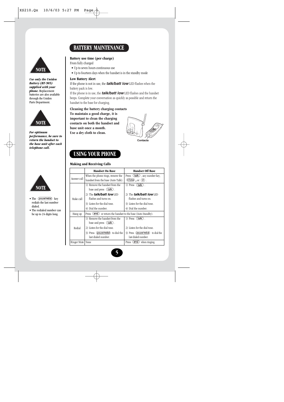 Battery maintenance, Using your phone | Uniden XS210 User Manual | Page 6 / 12