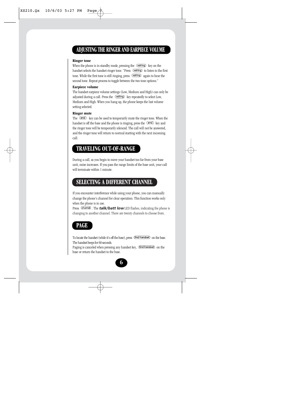 Page, Adjusting the ringer and earpiece volume, Traveling out-of-range | Selecting a different channel | Uniden XS210 User Manual | Page 7 / 12