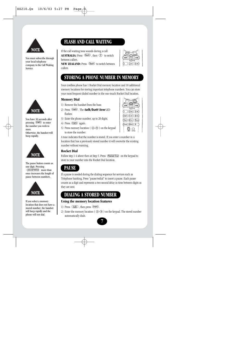 Flash and call waiting, Pause | Uniden XS210 User Manual | Page 8 / 12