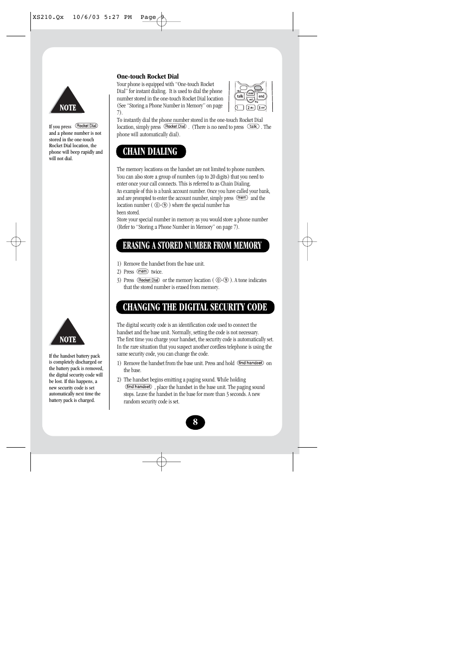 Chain dialing, Changing the digital security code | Uniden XS210 User Manual | Page 9 / 12