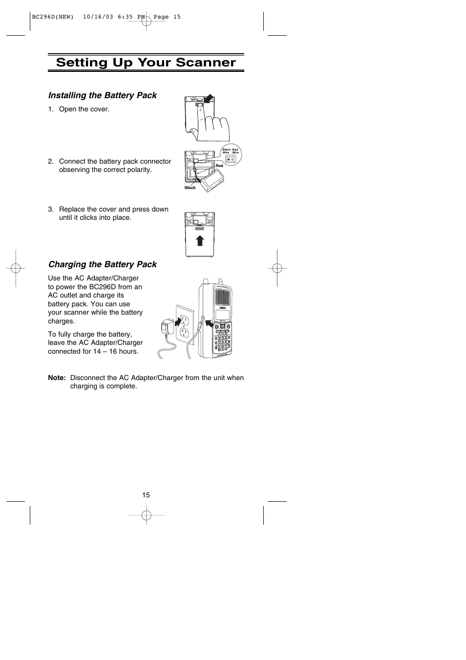 Setting up your scanner, Installing the battery pack, Charging the battery pack | Uniden BC296D User Manual | Page 21 / 88