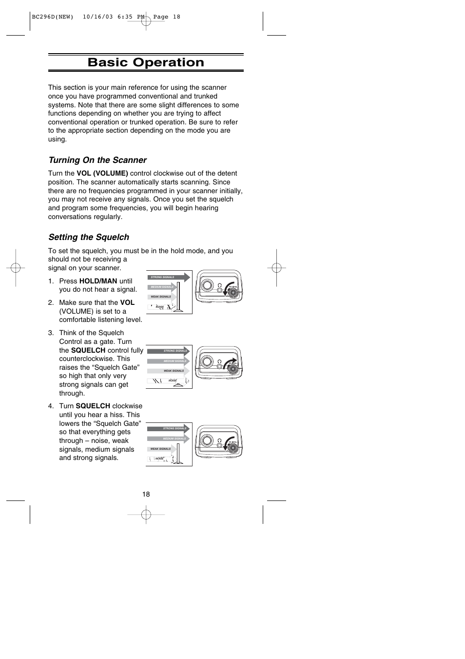 Basic operation, Turning on the scanner, Setting the squelch | Uniden BC296D User Manual | Page 24 / 88