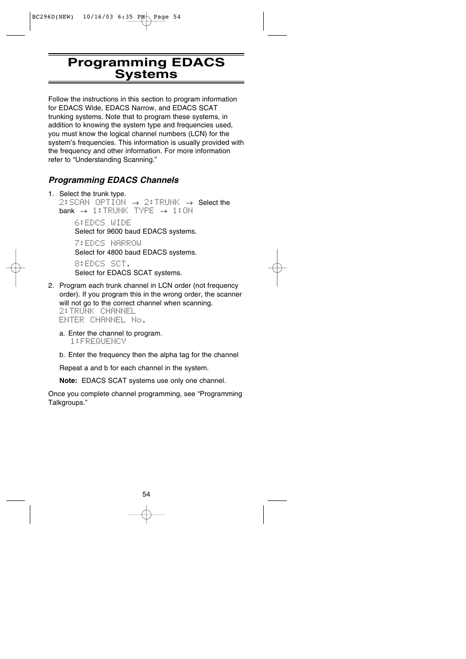 Programming edacs systems | Uniden BC296D User Manual | Page 60 / 88