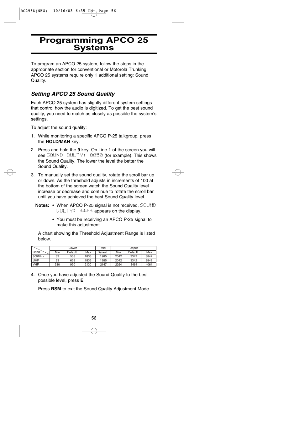 Programming apco 25 systems, Setting apco 25 sound quality | Uniden BC296D User Manual | Page 62 / 88