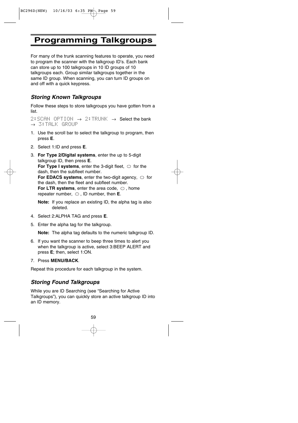 Programming talkgroups, Storing known talkgroups, Storing found talkgroups | Uniden BC296D User Manual | Page 65 / 88