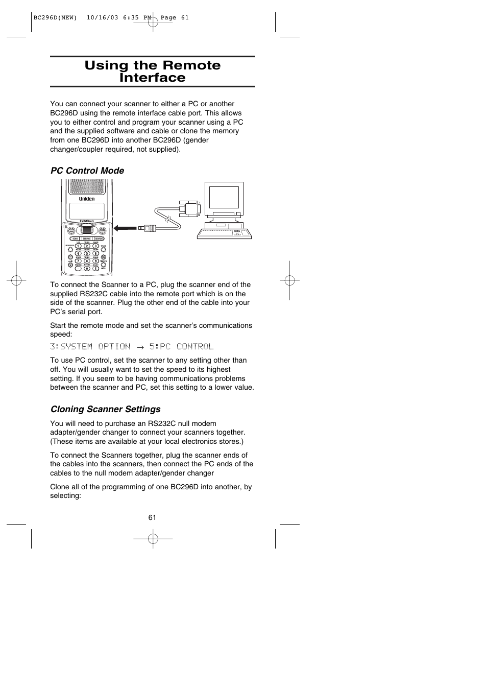 Using the remote interface, Pc control mode, Cloning scanner settings | Uniden BC296D User Manual | Page 67 / 88