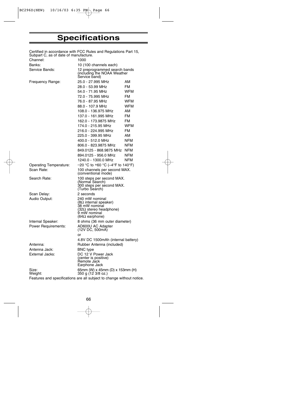 Specifications | Uniden BC296D User Manual | Page 72 / 88