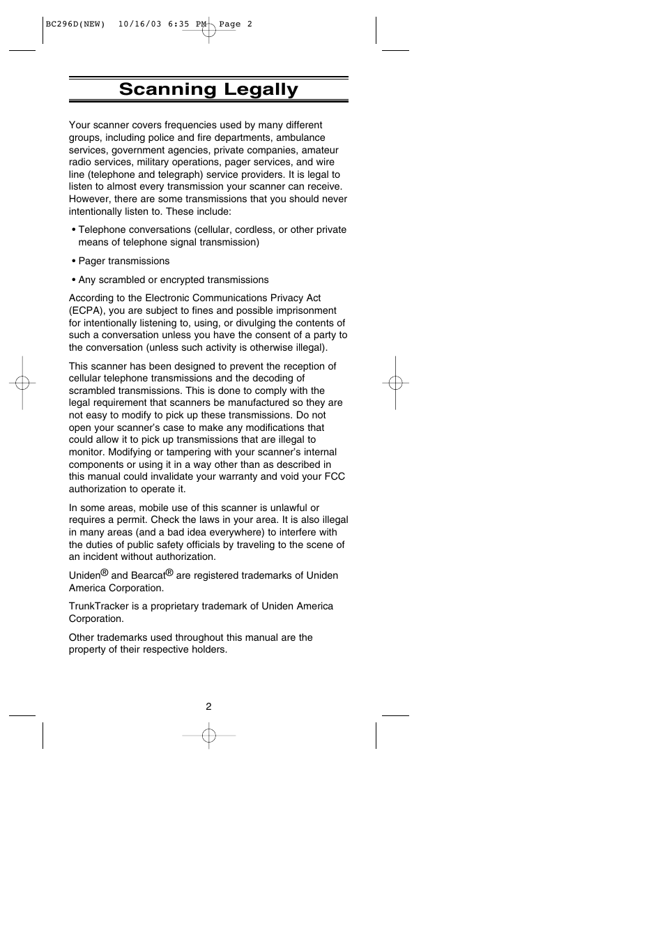 Scanning legally | Uniden BC296D User Manual | Page 8 / 88