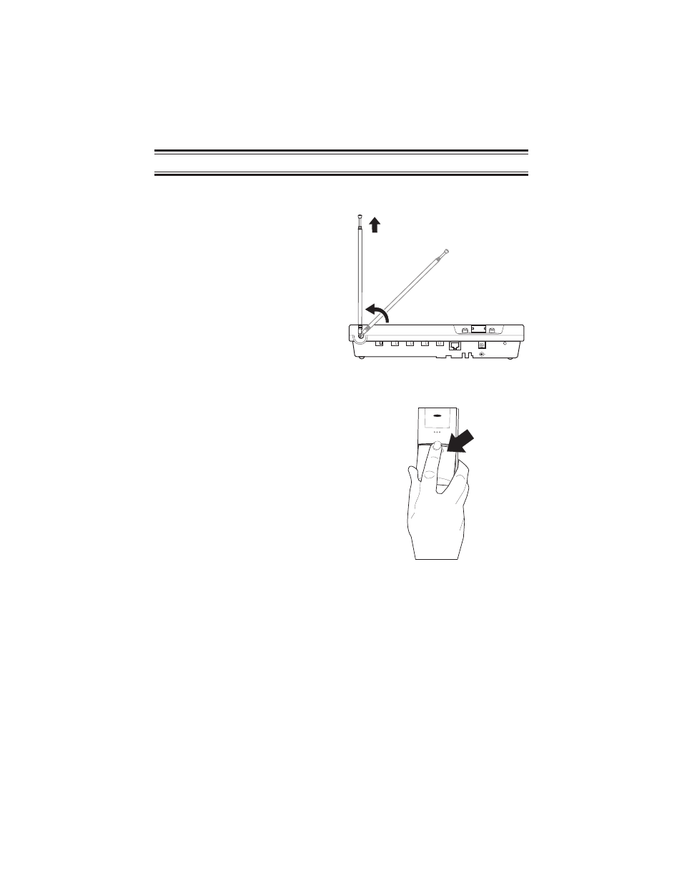 Setting up your phone 22, Extending the antenna 22, Installing the handset battery pack 22 | Setting up your phone, Extending the antenna, Installing the handset battery pack, Press in on the battery cover release | Uniden XCA4500 User Manual | Page 22 / 90