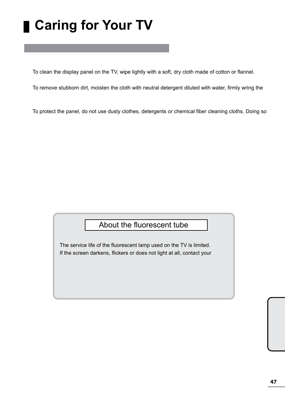 Caring for your tv, About the fluorescent tube, Caring for your lcd display panel | Uniden TL27WRA-B User Manual | Page 47 / 52