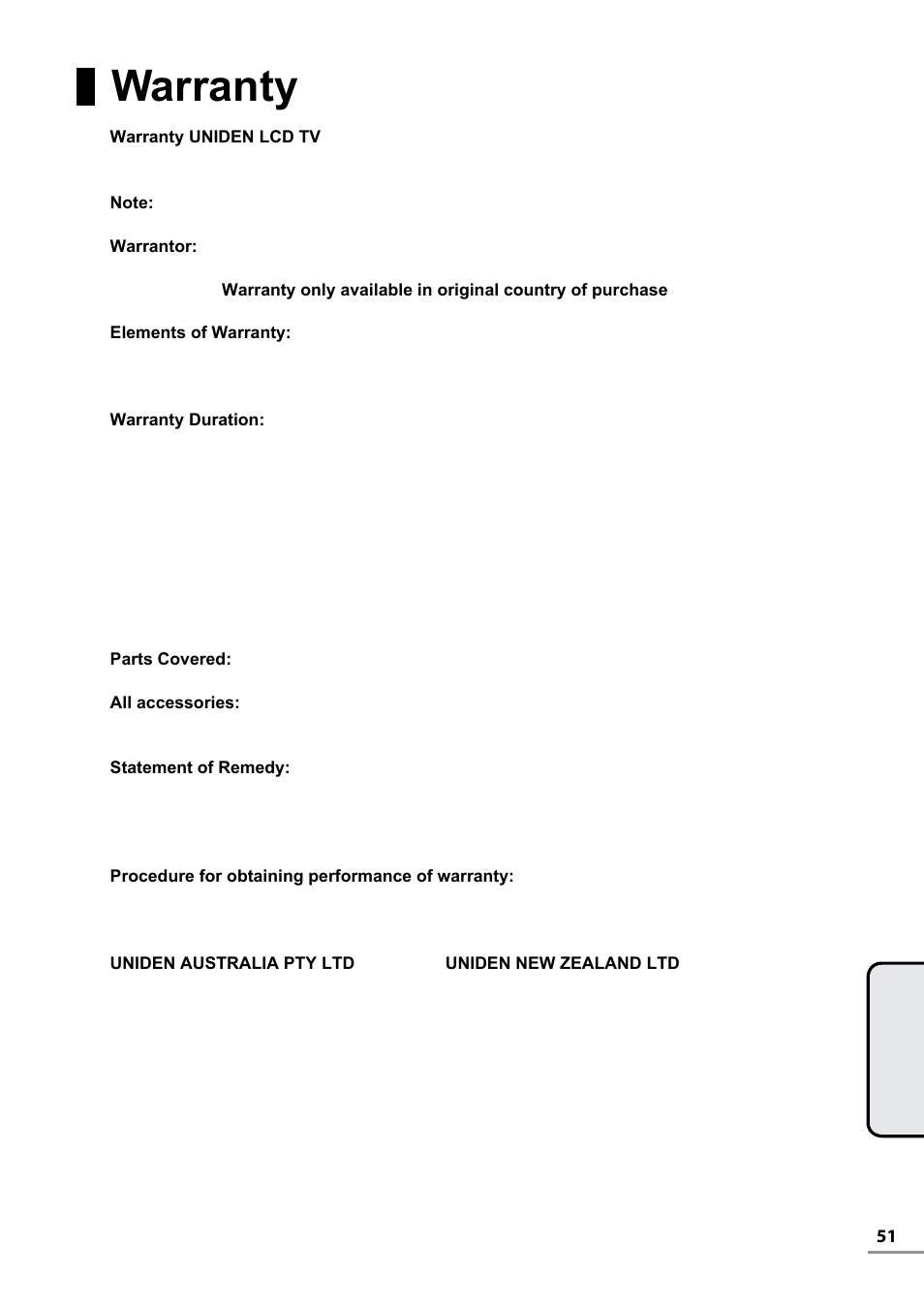 Warranty | Uniden TL27WRA-B User Manual | Page 51 / 52