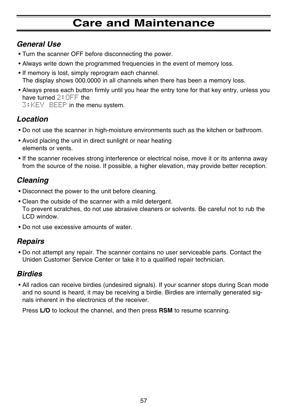 Care and maintenance | Uniden APCO 25 User Manual | Page 63 / 84