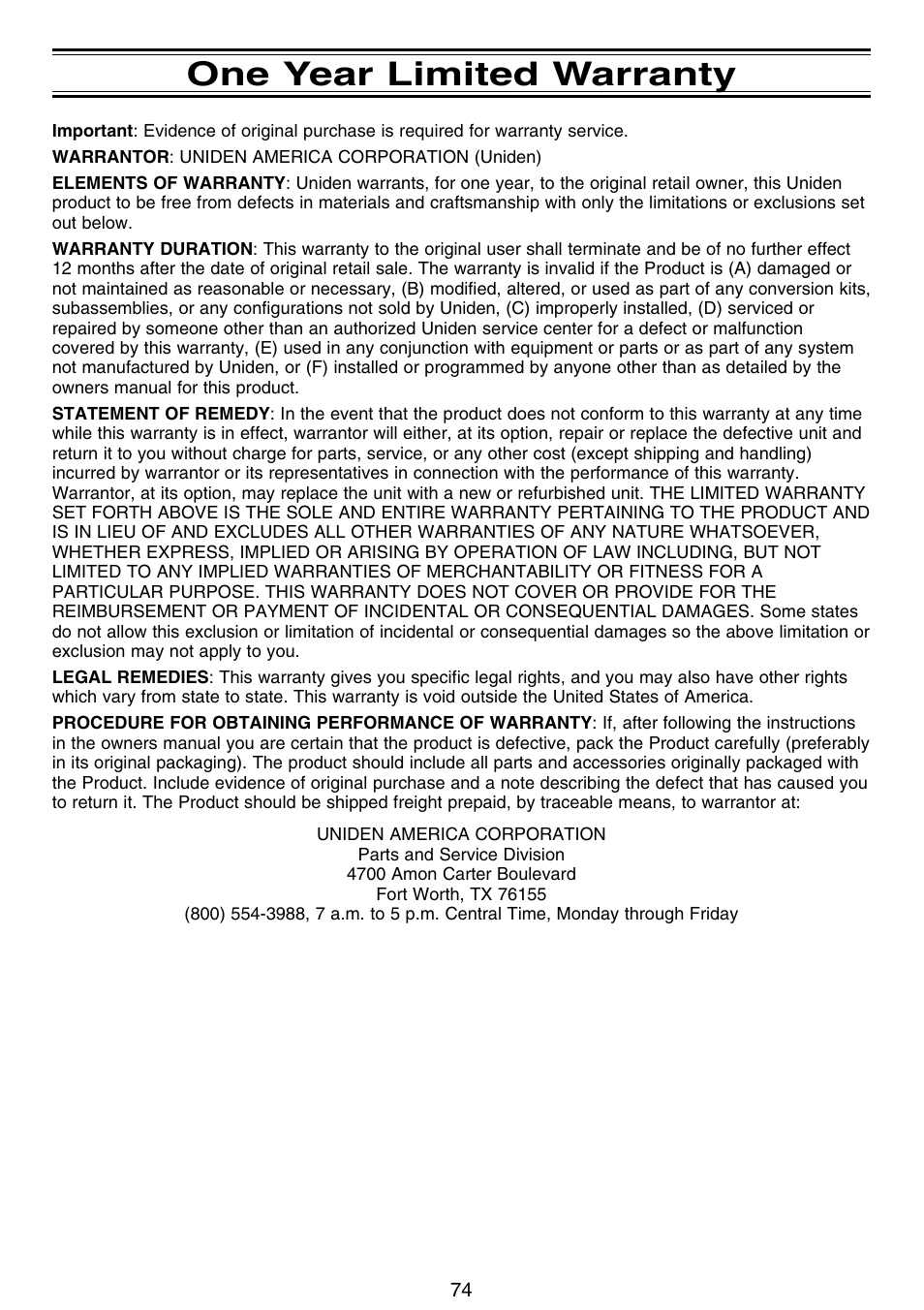 One year limited warranty | Uniden APCO 25 User Manual | Page 80 / 84