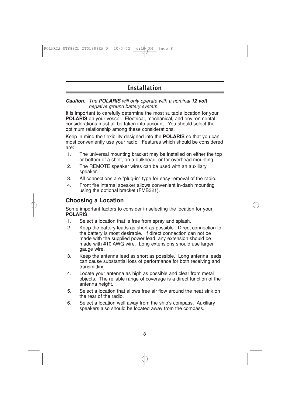 Installation | Uniden POLARIS User Manual | Page 11 / 76