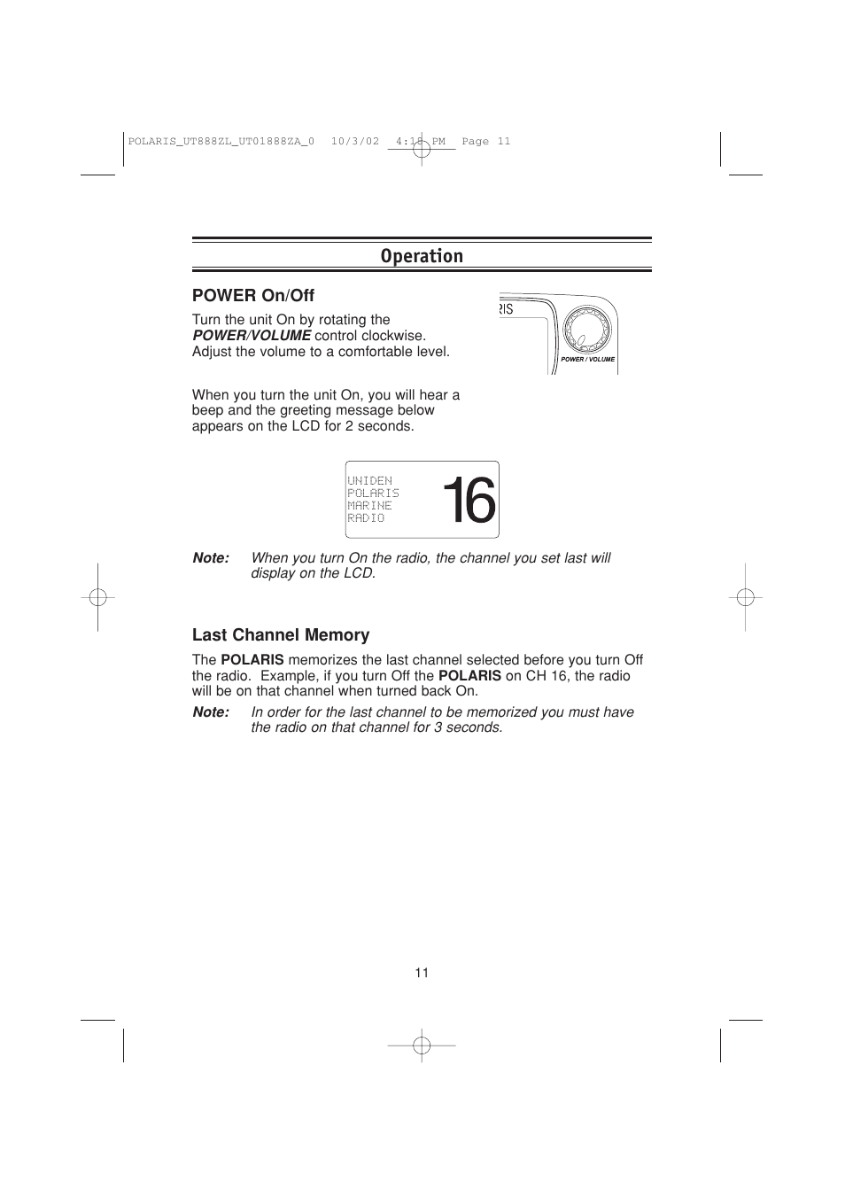 Operation, Power on/off | Uniden POLARIS User Manual | Page 14 / 76