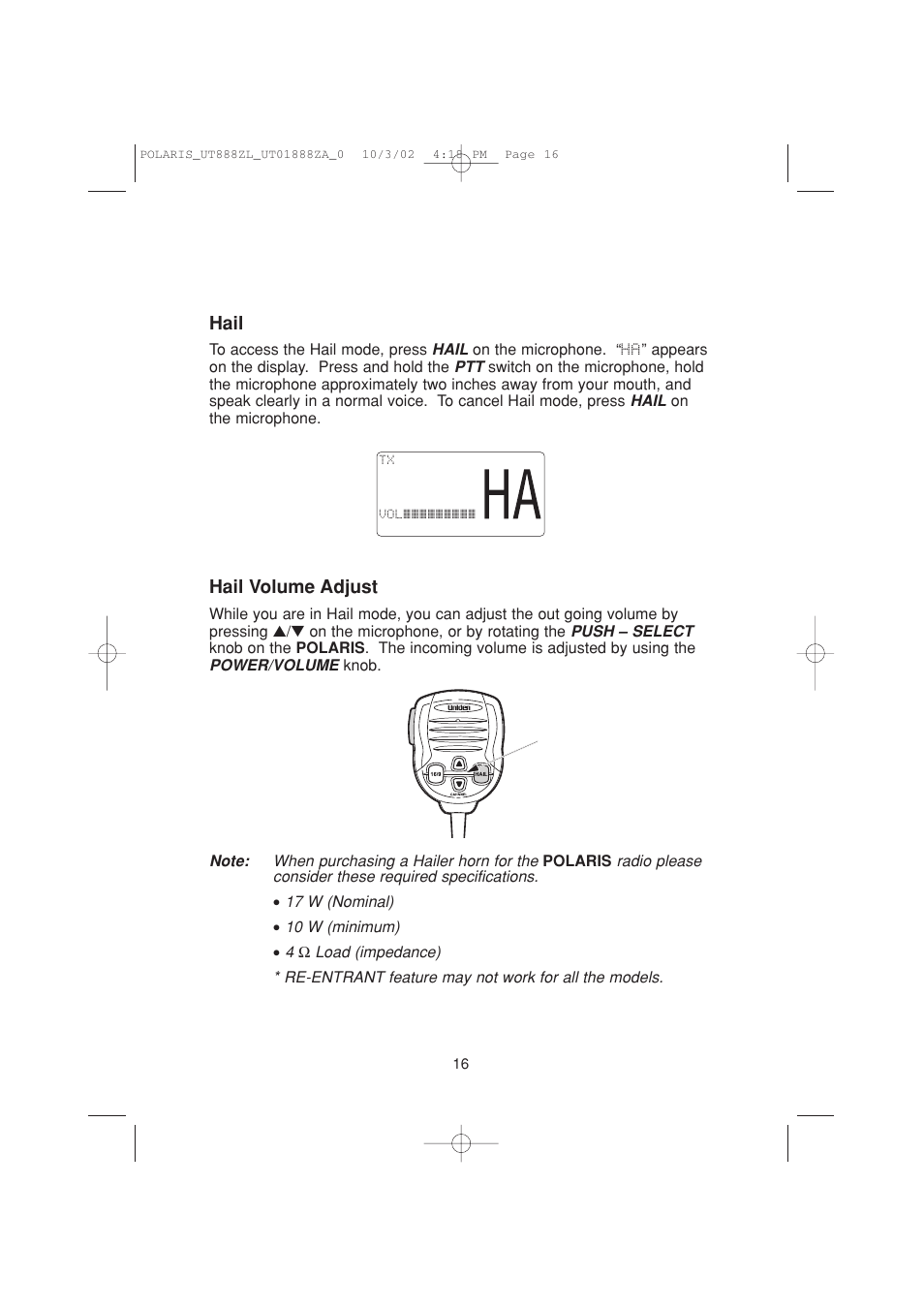 Hail volume adjust, Hail | Uniden POLARIS User Manual | Page 19 / 76