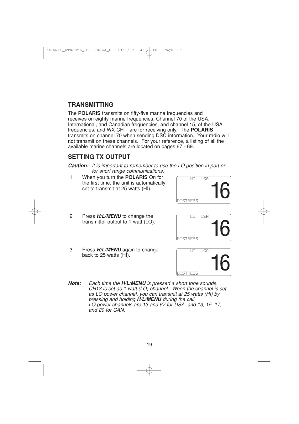 Transmitting, Setting tx output | Uniden POLARIS User Manual | Page 22 / 76