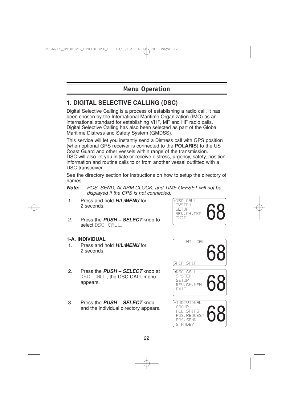 Menu operation, Digital selective calling (dsc) | Uniden POLARIS User Manual | Page 25 / 76