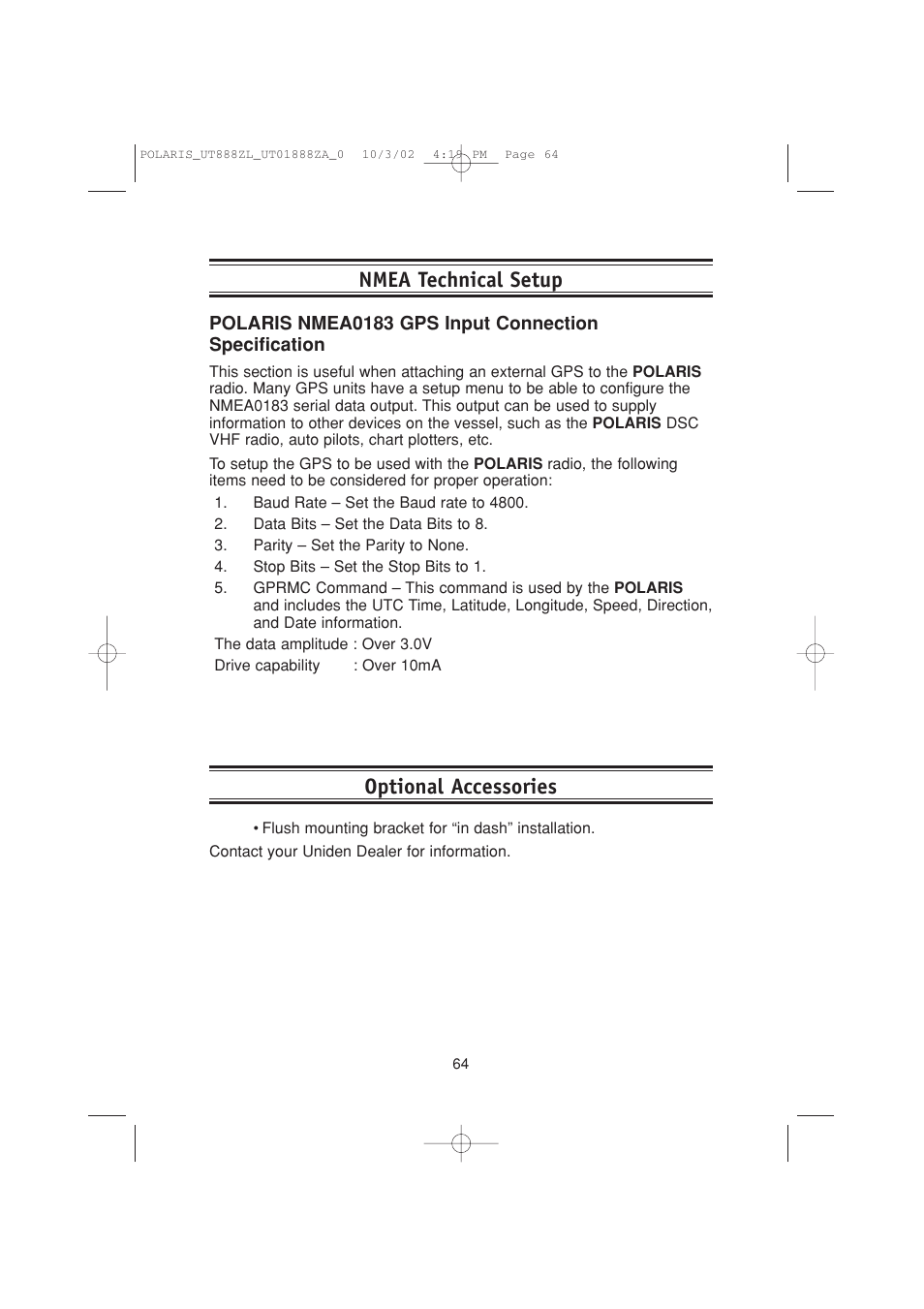Optional accessories nmea technical setup | Uniden POLARIS User Manual | Page 67 / 76