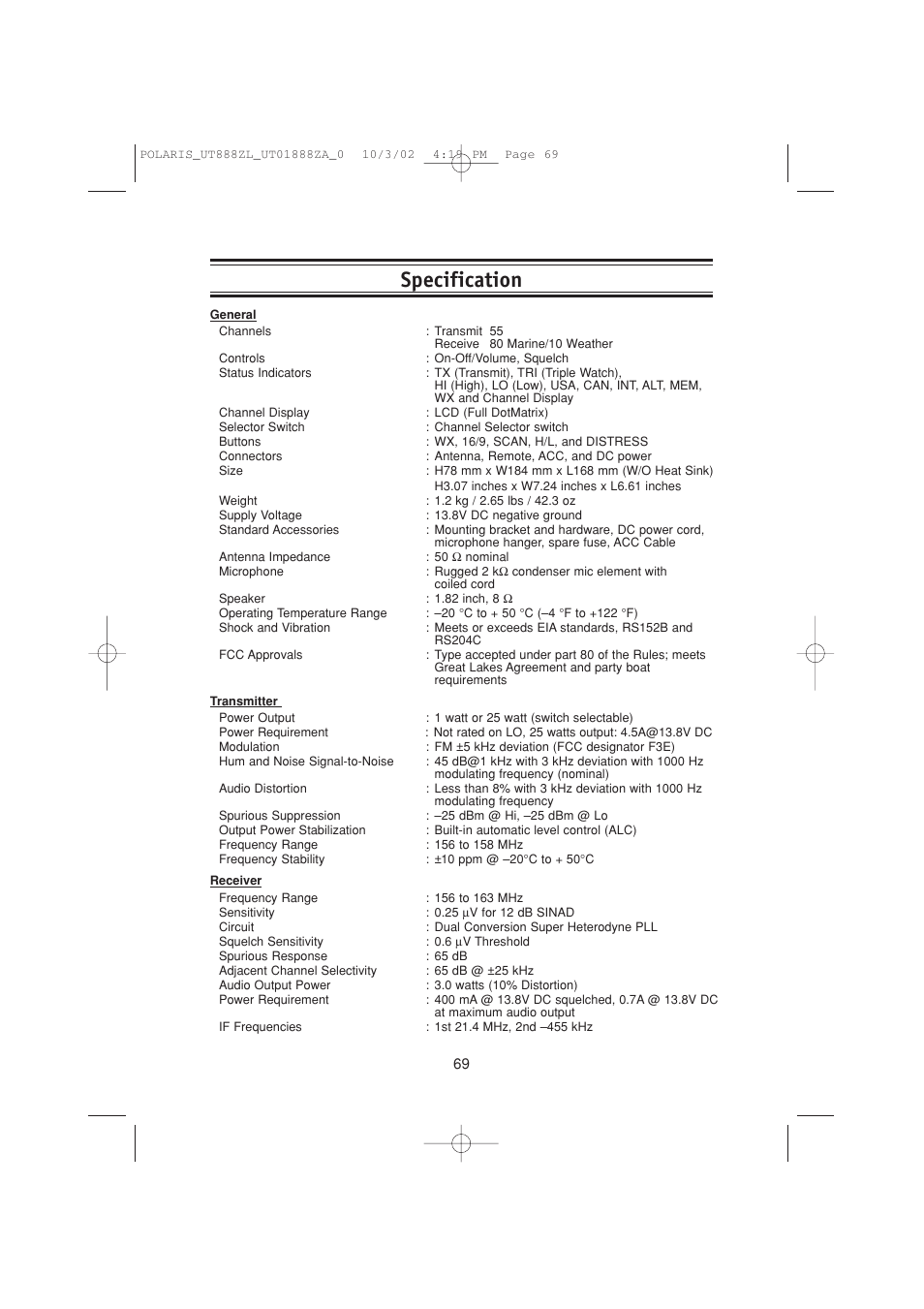 Specification | Uniden POLARIS User Manual | Page 72 / 76