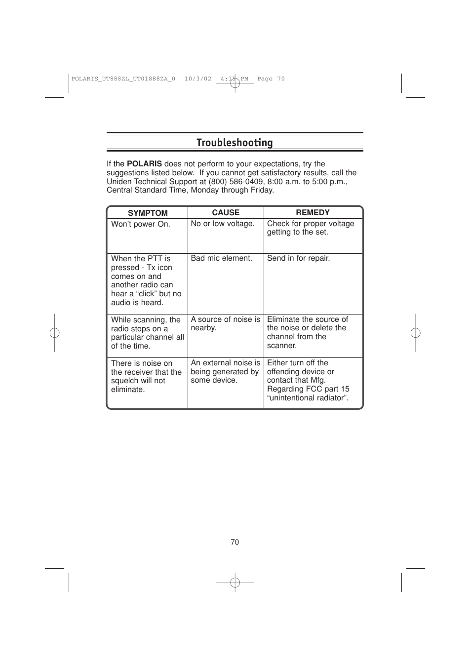 Troubleshooting | Uniden POLARIS User Manual | Page 73 / 76