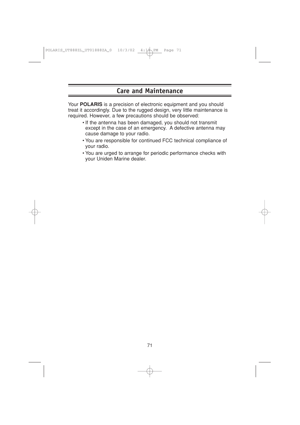 Care and maintenance | Uniden POLARIS User Manual | Page 74 / 76