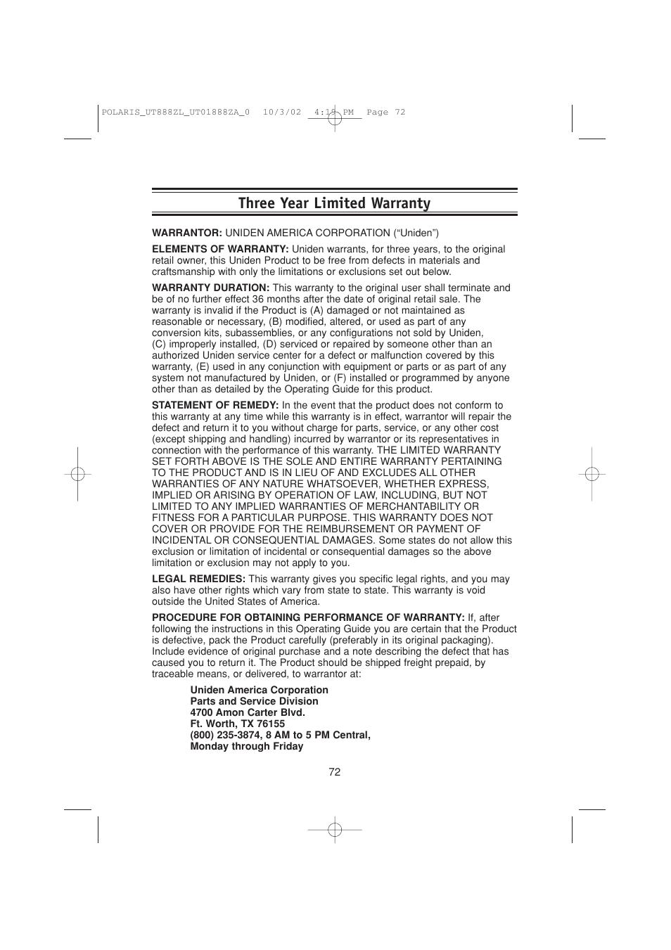 Three year limited warranty | Uniden POLARIS User Manual | Page 75 / 76