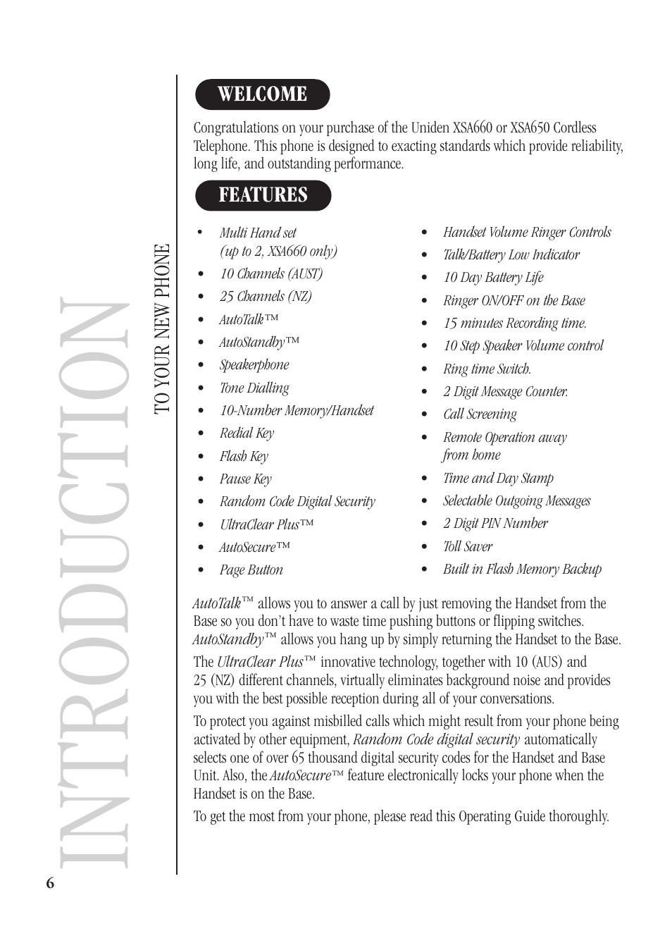 Welcome, Features, Introduction | Features welcome to your new phone | Uniden XSA660 User Manual | Page 12 / 38