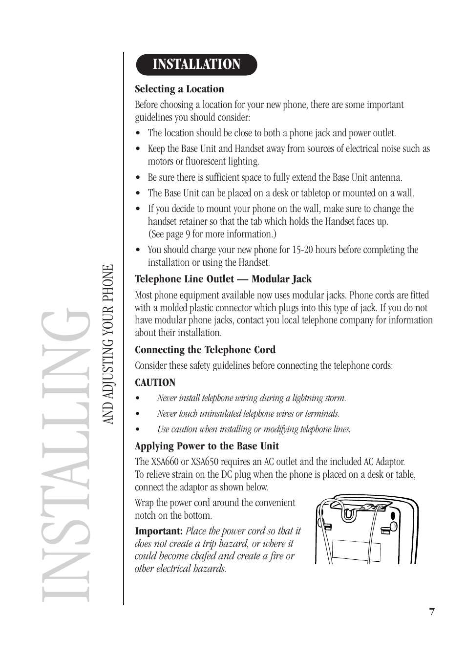 Installation, Selecting a location, Telephone line outlet — modular jack | Connecting the telephone cord, Applying power to the base unit, Inst alling | Uniden XSA660 User Manual | Page 13 / 38