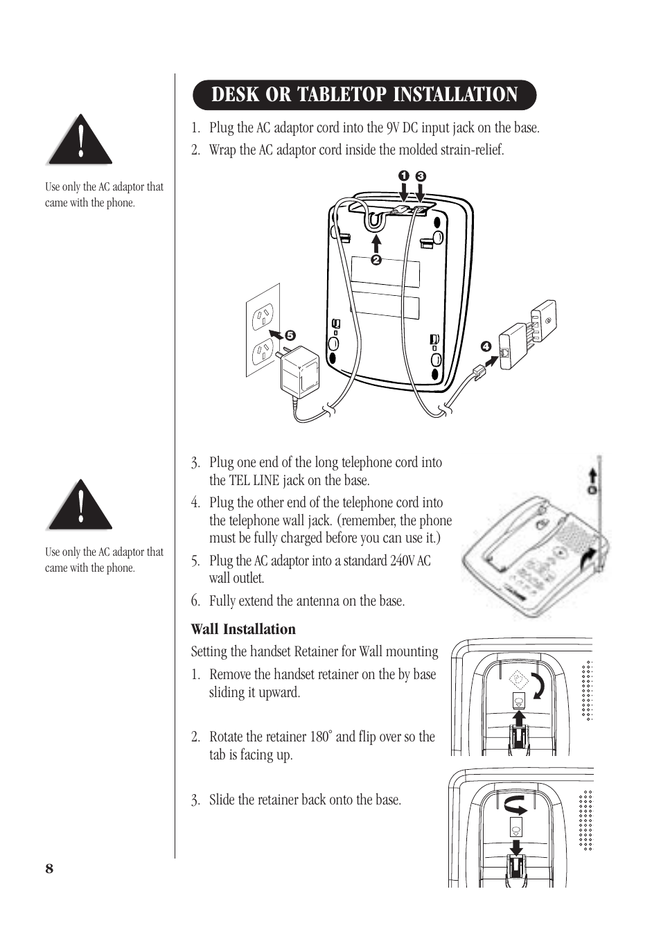 Desk or tabletop installation, Wall installation | Uniden XSA660 User Manual | Page 14 / 38