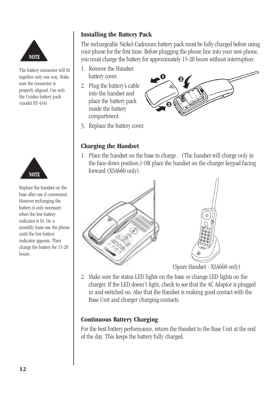 Installing the battery pack, Charging the handset, Continuous battery charging | Uniden XSA660 User Manual | Page 18 / 38