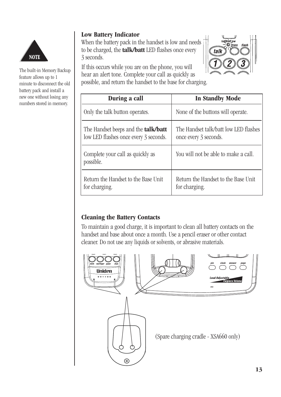 Low battery indicator, Cleaning the battery contacts | Uniden XSA660 User Manual | Page 19 / 38