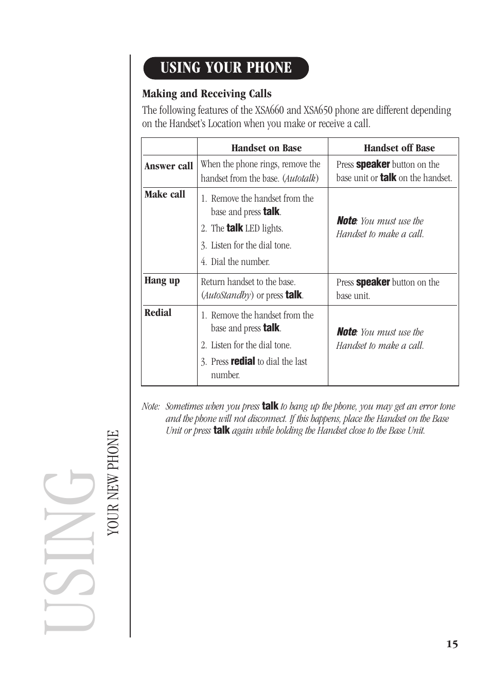 Using your phone, Making and receiving calls, Using | Your new phone | Uniden XSA660 User Manual | Page 21 / 38