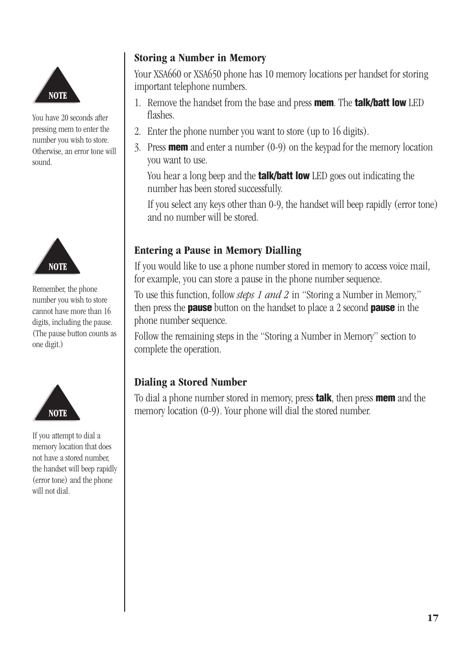 Storing a number in memory, Entering a pause in memory dialling, Dialing a stored number | Uniden XSA660 User Manual | Page 23 / 38