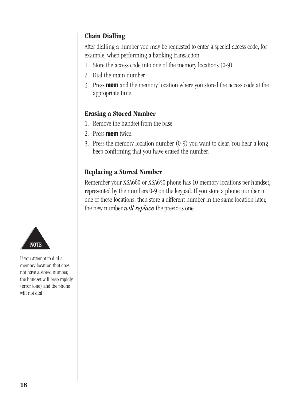 Chain dialling, Erasing a stored number, Replacing a stored number | Uniden XSA660 User Manual | Page 24 / 38