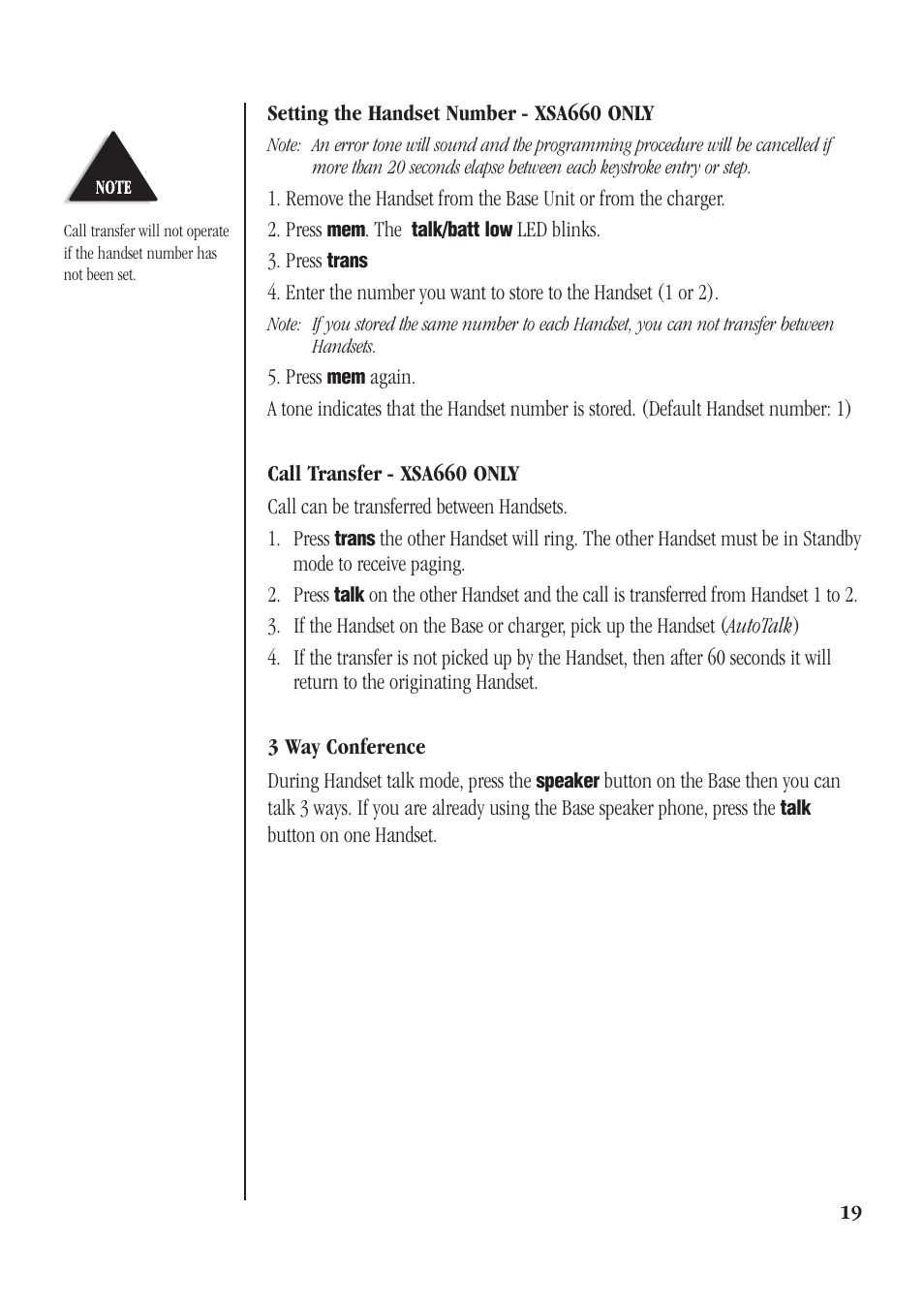 Setting the handset number - xsa660 only, Call transfer - xsa660 only, 3 way conference | Uniden XSA660 User Manual | Page 25 / 38