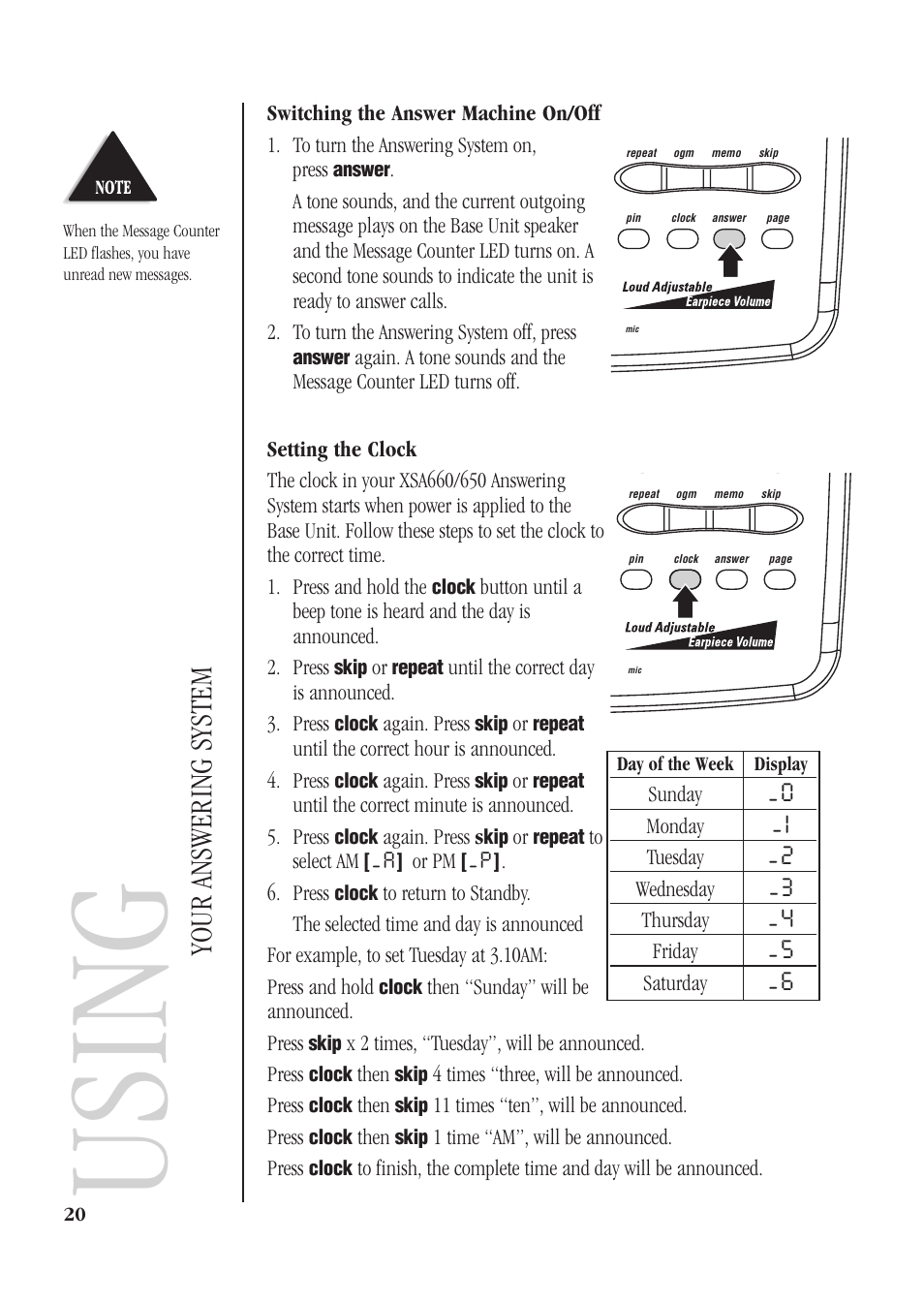 Using your answering system, Switching the answer machine on/off, Setting the clock | Using, Your answering system | Uniden XSA660 User Manual | Page 26 / 38