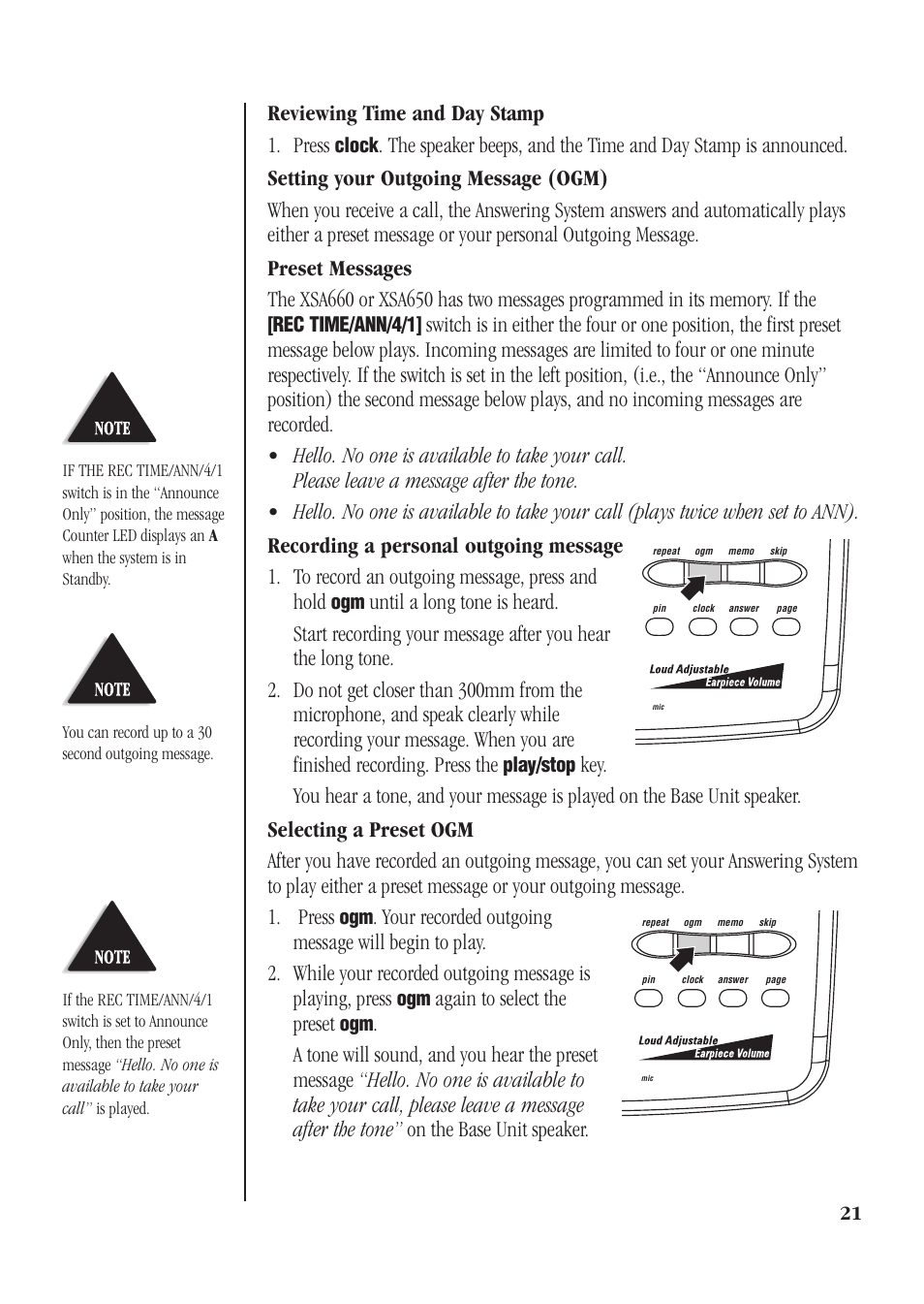 Reviewing time and day stamp, Setting your outgoing message (ogm), Preset messages | Recording a personal outgoing message, Selecting a preset ogm, Reviewing time and day stamp 1. press, Again to select the preset, Clock, Rec time/ann/4/1, Play/stop | Uniden XSA660 User Manual | Page 27 / 38