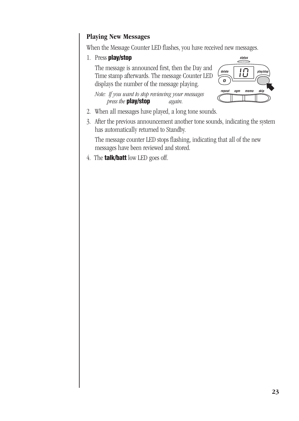 Playing new messages, Low led goes off, Play/stop | Talk/batt | Uniden XSA660 User Manual | Page 29 / 38