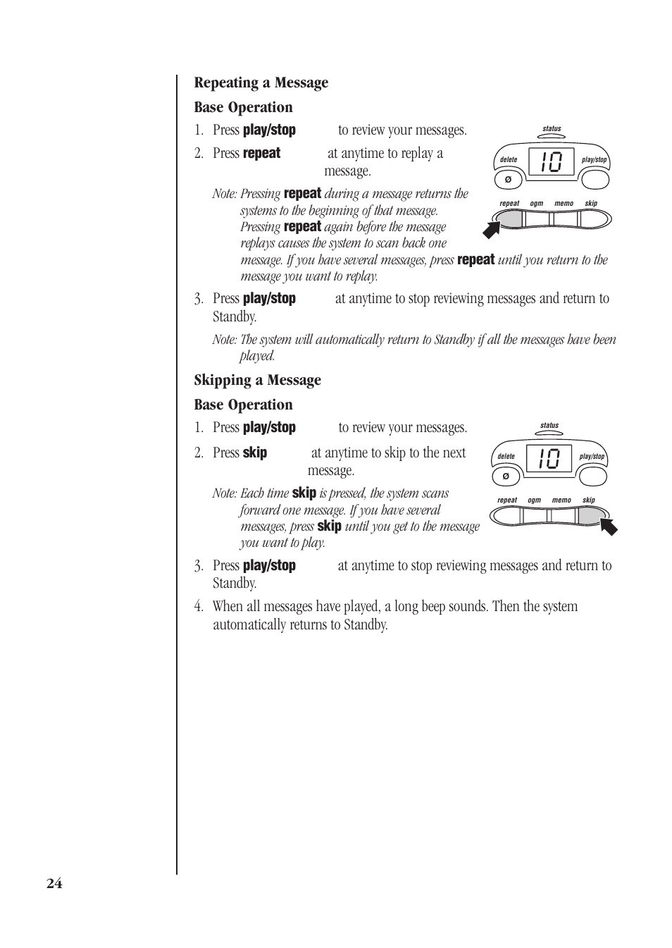 Repeating a message, Skipping a message, Repeating a message base operation 1. press | At anytime to replay a message, Press, Skipping a message base operation 1. press, At anytime to skip to the next message | Uniden XSA660 User Manual | Page 30 / 38