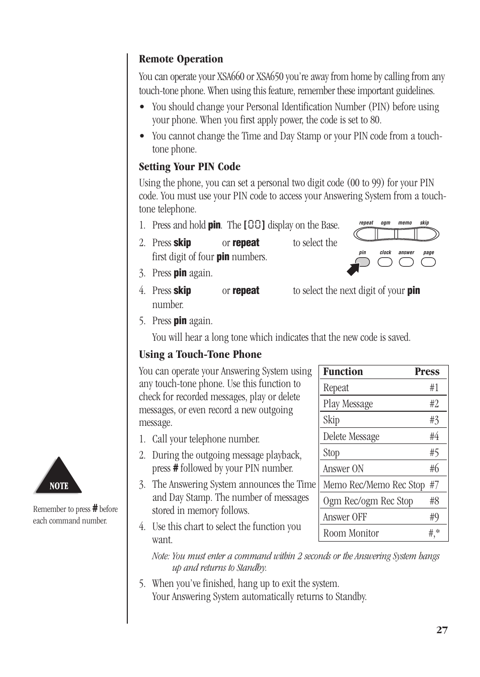 Remote operation, Using a touch-tone phone | Uniden XSA660 User Manual | Page 33 / 38